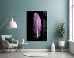 Purple Feather glass wall art styled above a vanity in a powder room
