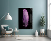 Purple Feather glass wall art styled above a vanity in a powder room