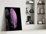 Purple Feather glass print enhancing a bedroom with serene spirit