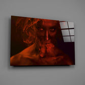 Scarlet-portrait panel bringing dramatic editorial to a contemporary living space
