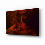 Red Smoke and Woman glass wall art displayed above a console in a designer interior
