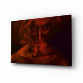Red Smoke and Woman glass wall art displayed above a console in a designer interior