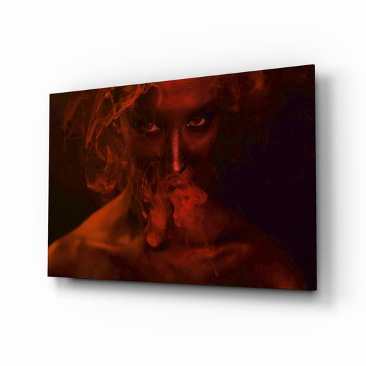 Red Smoke and Woman glass wall art displayed above a console in a designer interior