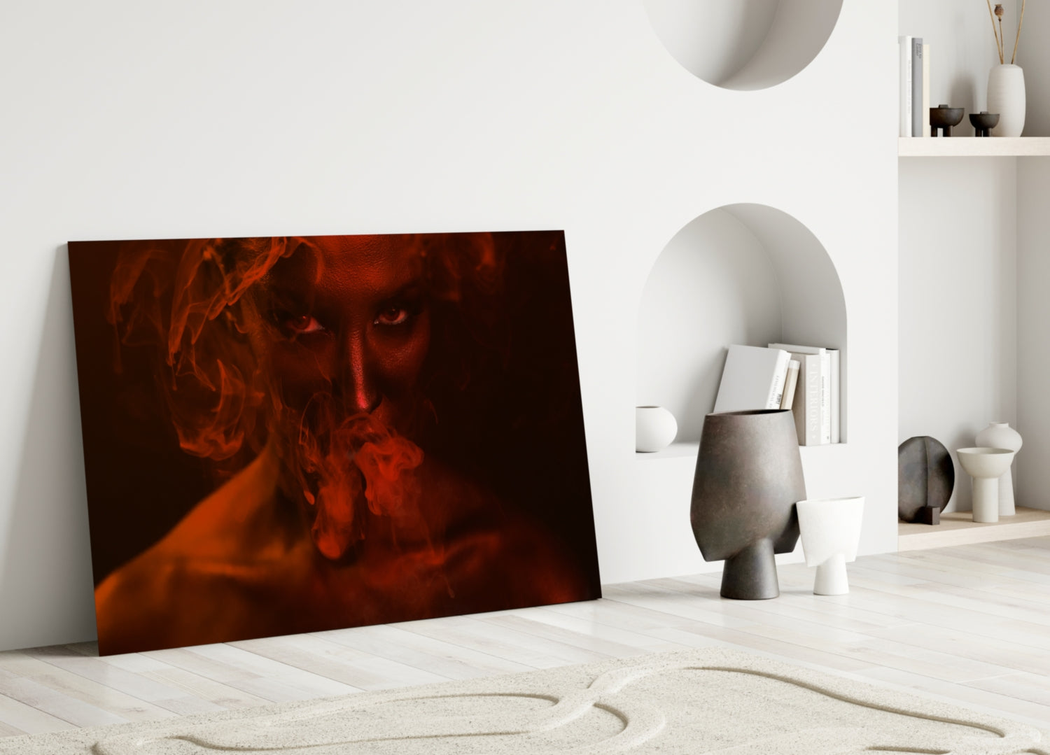 Red Smoke and Woman Glass Wall Art.
