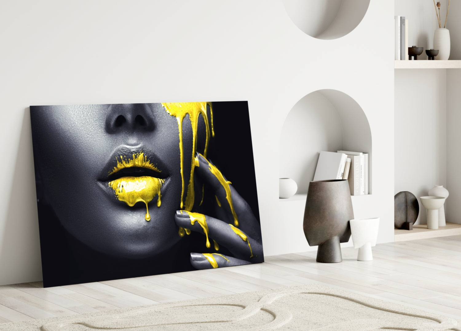 Yellow and Woman Glass Wall Art.