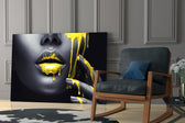 Yellow and Woman glass print enhancing a foyer with editorial drama