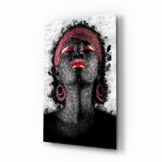Woman and Red glass wall art displayed above a console in a designer interior