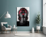 Woman and Red glass wall art styled above a sofa in a designer hallway