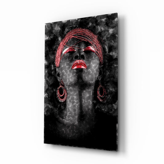 Woman and Red glass wall art displayed above a console in a designer interior