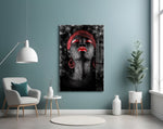 Woman and Red glass wall art styled above a desk in an introspective study