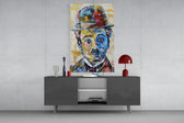 Charlie Chaplin panel catching gallery light to reveal its tactile drip
