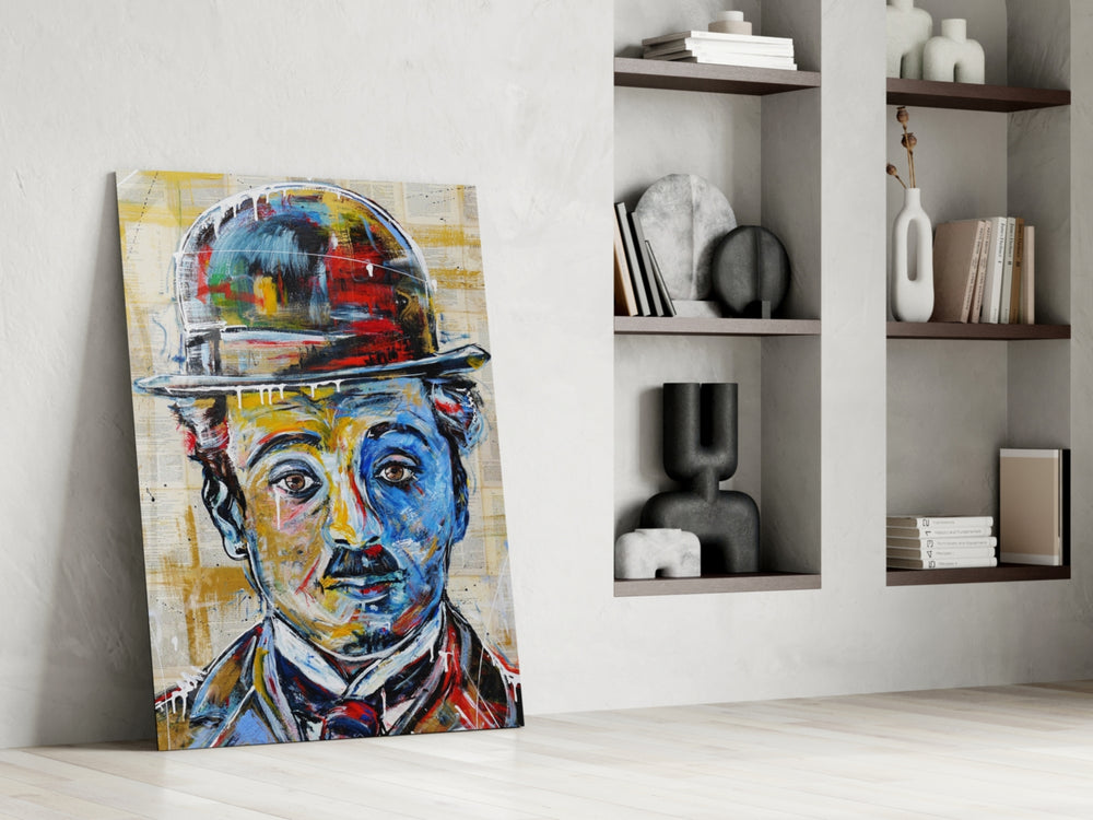 Charlie Chaplin glass print enhancing a lounge with editorial drama