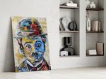 Charlie Chaplin glass print enhancing a lounge with editorial drama
