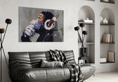 Thinking Monkey glass wall art styled above a turntable in a music room