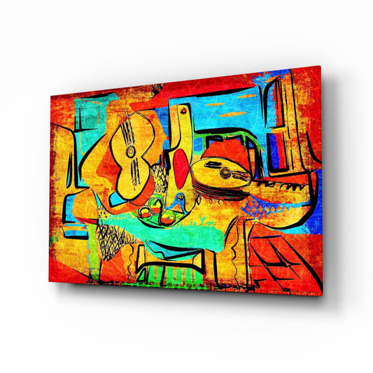 Abstract Cello glass wall art displayed above a console in a designer interior