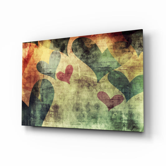 Hearts Hearts glass wall art displayed above a console in a designer interior