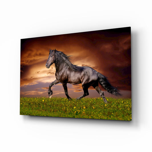 Nobility of Horse glass wall art displayed above a console in a designer interior
