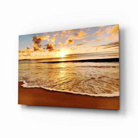 Sunset glass wall art displayed above a console in a designer interior