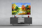 Colorful Autumn panel catching gallery light to reveal its tactile impasto