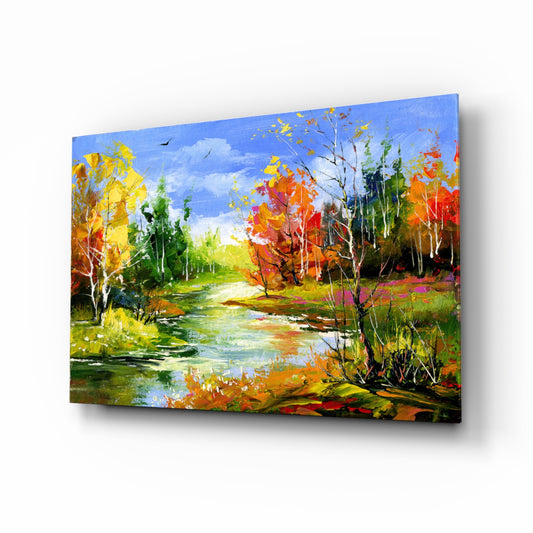 Colorful Autumn glass wall art displayed above a console in a designer interior