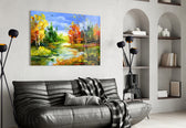Colorful Autumn glass wall art styled above a desk in a country study
