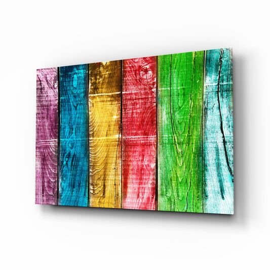 Colored Wood glass wall art displayed above a console in a designer interior