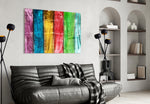 Colored Wood glass wall art styled above a desk in a child's room