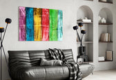 Colored Wood glass wall art styled above a desk in a child's room