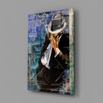 Fedora-portrait panel bringing jazz-noir mood to a contemporary living space