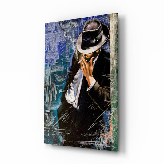 Smoking glass wall art displayed above a console in a designer interior