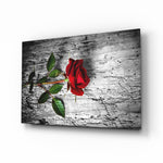 Red Rose glass wall art displayed above a console in a designer interior