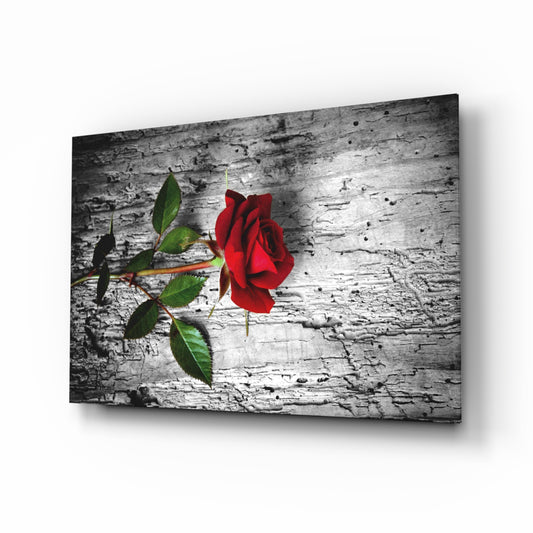 Red Rose glass wall art displayed above a console in a designer interior