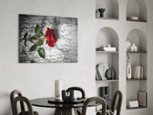 Red Rose panel adding floral mood to a powder room