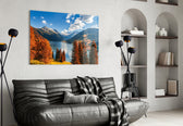 Lake View glass wall art styled above a bed in a serene bedroom