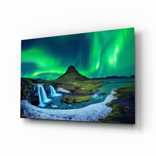 Northern Lights glass wall art displayed above a console in a designer interior