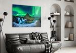 Northern Lights glass wall art styled above a bed in a cosmic bedroom
