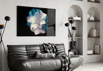 Blue Flower glass wall art styled above a vanity in a powder room