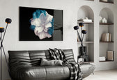 Blue Flower glass wall art styled above a vanity in a powder room