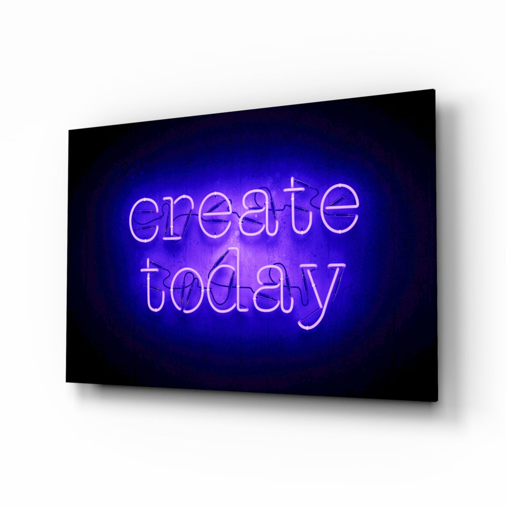 Create Today glass wall art displayed above a console in a designer interior
