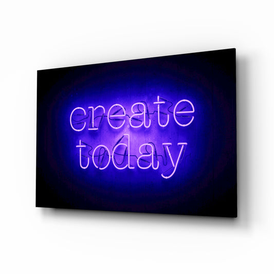 Create Today glass wall art displayed above a console in a designer interior