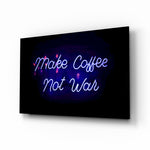 Make Coffee not War glass wall art displayed above a console in a designer interior