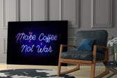 Make Coffee not War glass print enhancing a lounge with after-hours drama