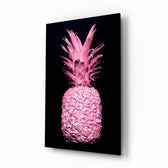 Pink Pineapple glass wall art displayed above a console in a designer interior
