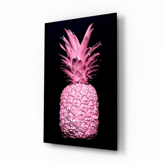 Pink Pineapple glass wall art displayed above a console in a designer interior