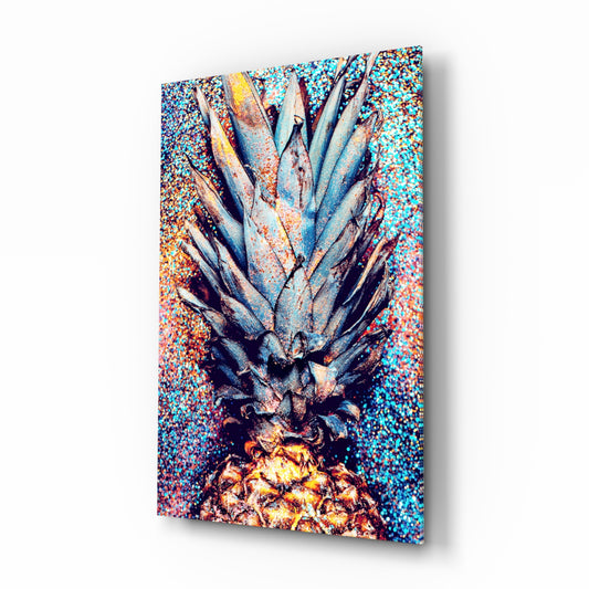 Colored Pineapple glass wall art displayed above a console in a designer interior