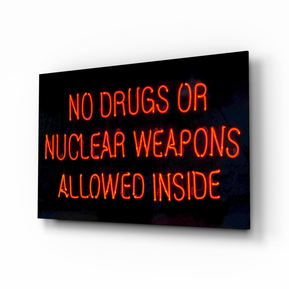 No Drugs glass wall art displayed above a console in a designer interior
