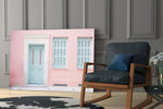 Pink House glass print enhancing a foyer with cottage spirit