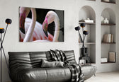Flamingo glass wall art styled above a vanity in a powder room