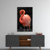 Flamingo panel catching gallery light to reveal its tactile fluff