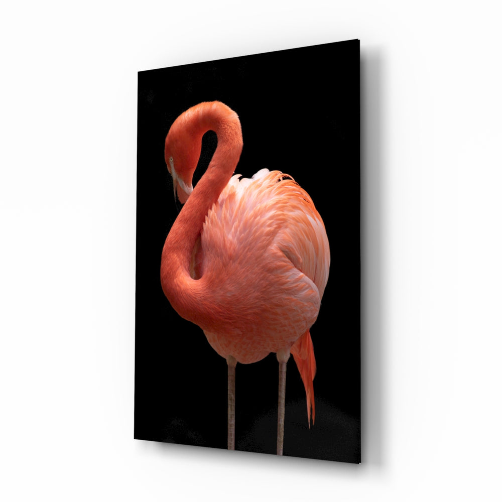 Flamingo glass wall art displayed above a console in a designer interior